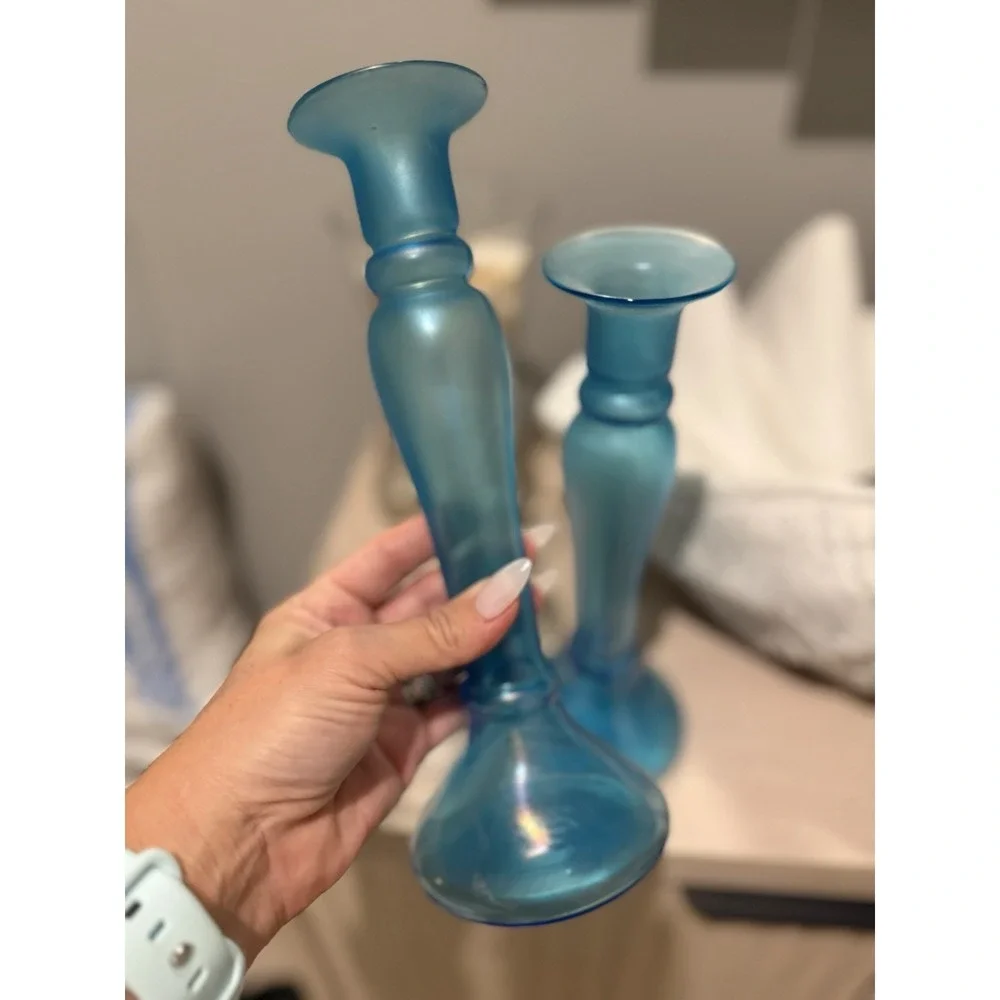 Vintage Diamond Blue Iridescent Stretch Glass Candlesticks Or Vases 1920's
